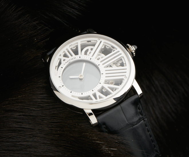 The Rotonde de Cartier Skeleton Mysterious Hour with a 42-millimetre palladium case