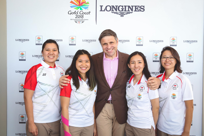 Singapore sport shooters Shun Xie Teo, Martina Veloso, and Jasmine Ser with Longines Vice President Juan-Carlos Capelli