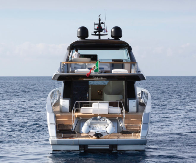 The master suite features a starboard-facing bed and an elegant, open-design bathroom