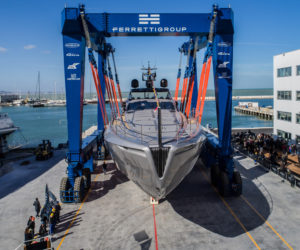 Last year's Pershing 140 launch at the Ferretti Group Superyacht Yard in Ancona