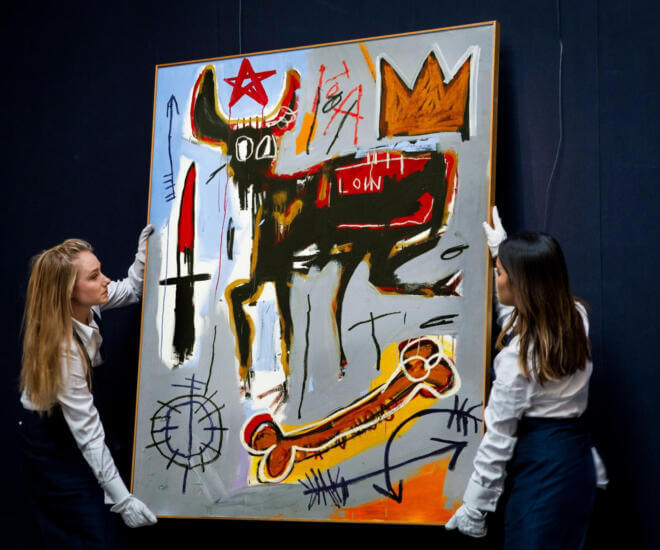 Jean-Michel Basquiat’s ‘Loin,’ one of the paintings securitised on fractional investing platform Masterworks, being put up for display.