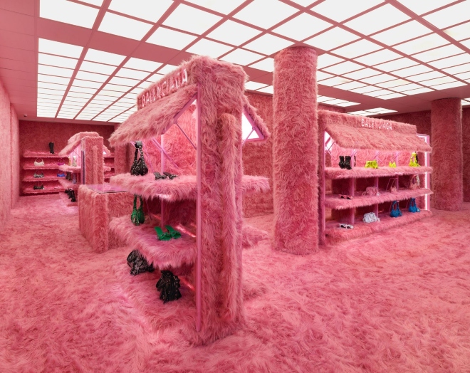 Balenciaga's Mount Street store in London decorated in pink faux fur to launch the Le Cagole collection. Photo: Balenciaga