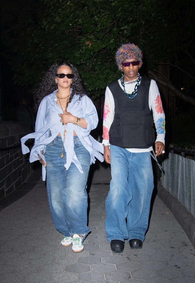 Hip-hop "it" couple Rihanna and Asap Rocky seen casually sporting matching oversized denim.