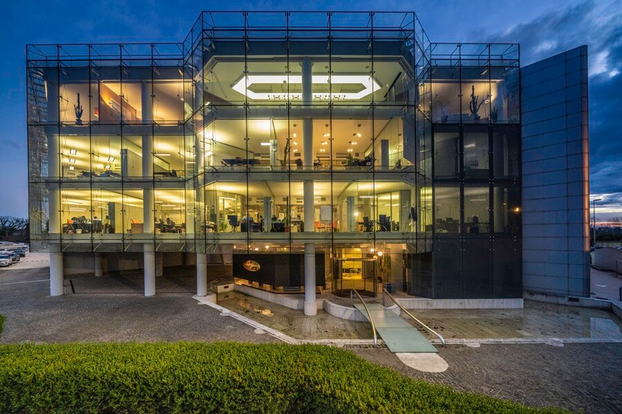 The current facility’s spectacular glass-fronted offices
