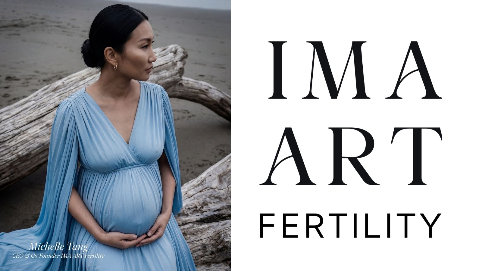 Michelle Tang, CEO of IMA ART Fertility, with the IMA ART logo representing Beverly Hills haute fertility and IVF concierge services.