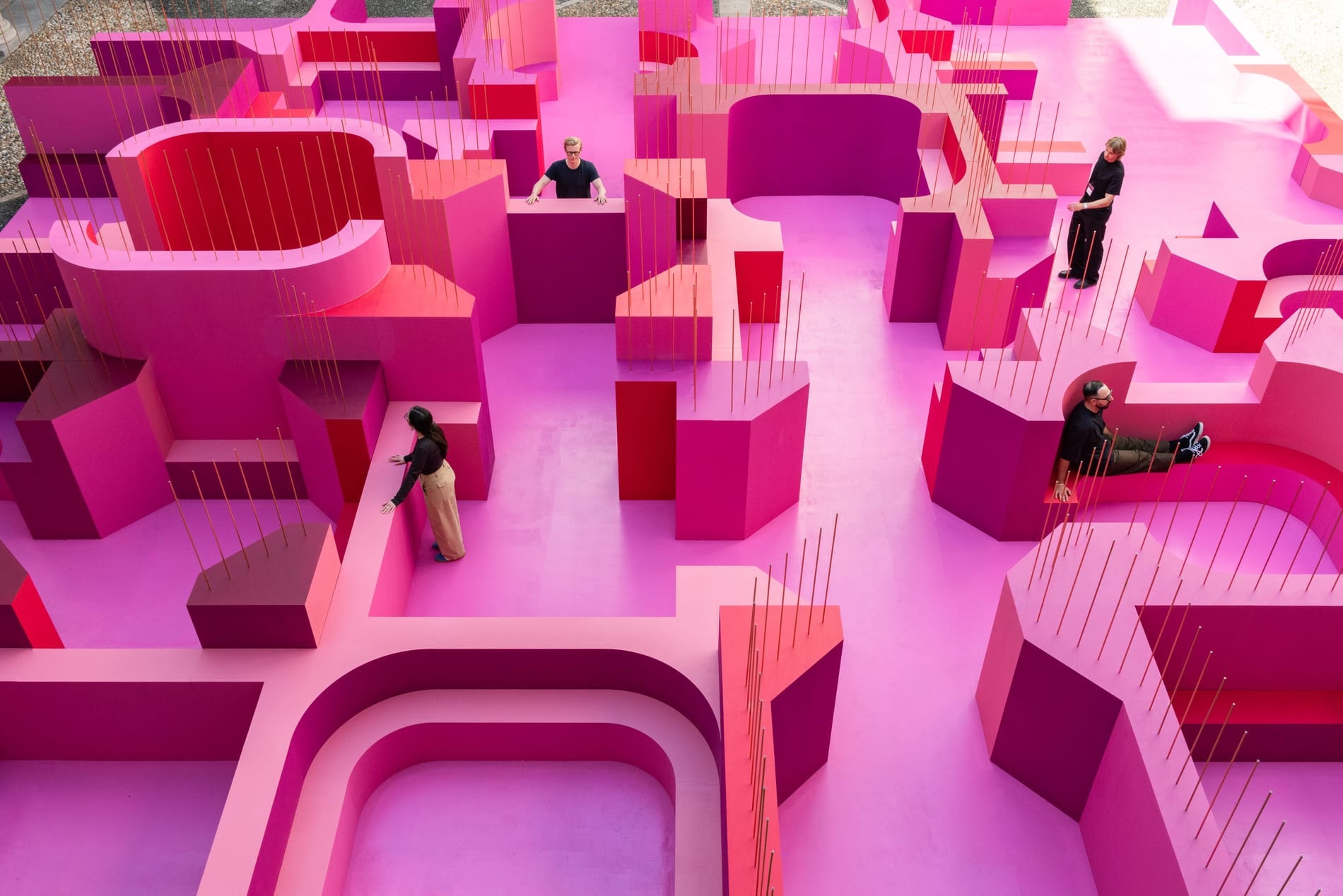 The maze is made of 18 MDF modules coated in five different hues of pink. Image: Nathalie Krag.