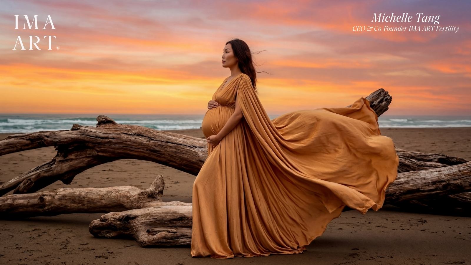 Michelle Tang in golden maternity gown at sunset symbolizing haute fertility