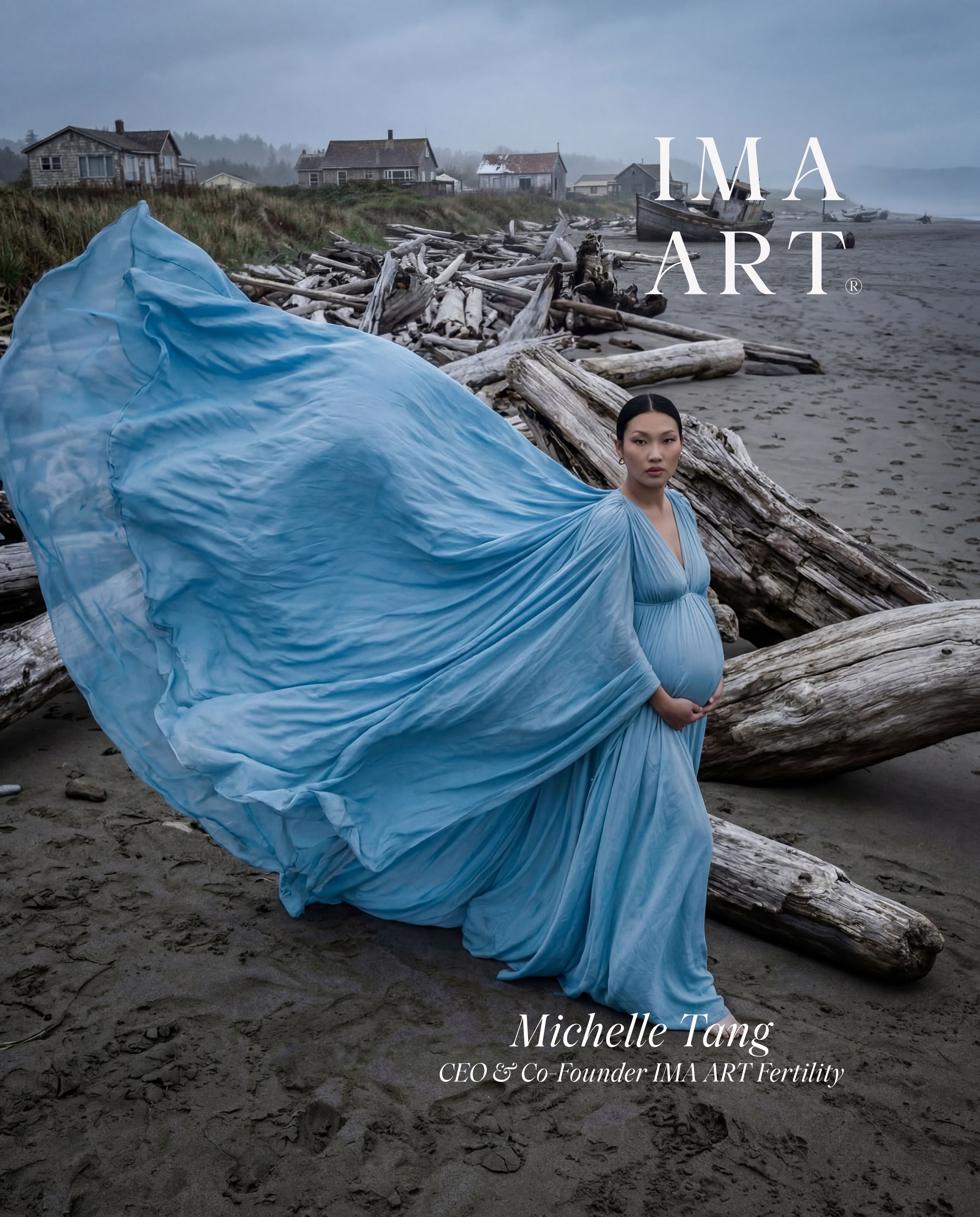 Michelle Tang, CEO of IMA ART Fertility in blue maternity gown symbolizing haute fertility