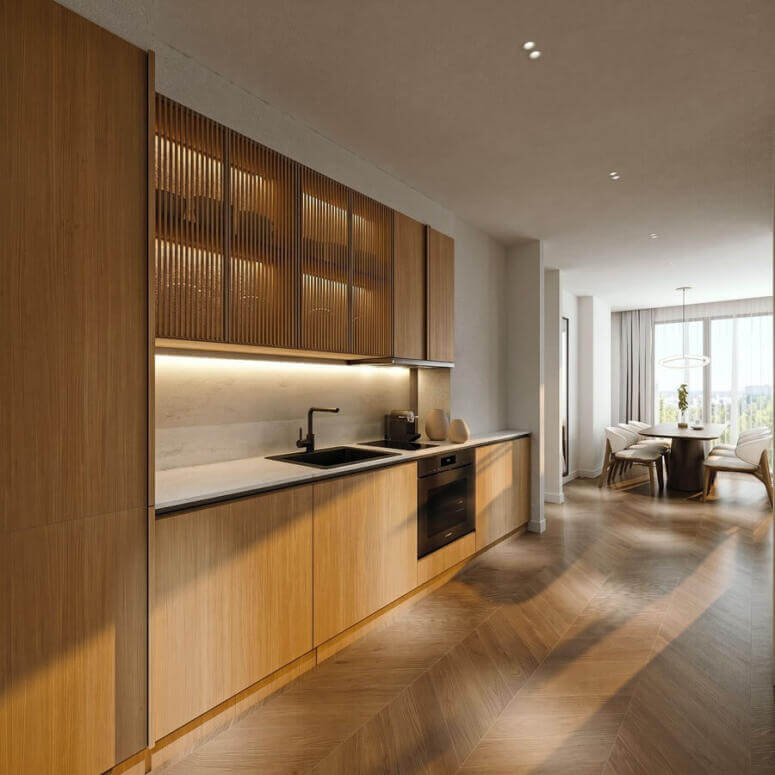 Modern trappings in the kitchen design. Image: Zero Developments.