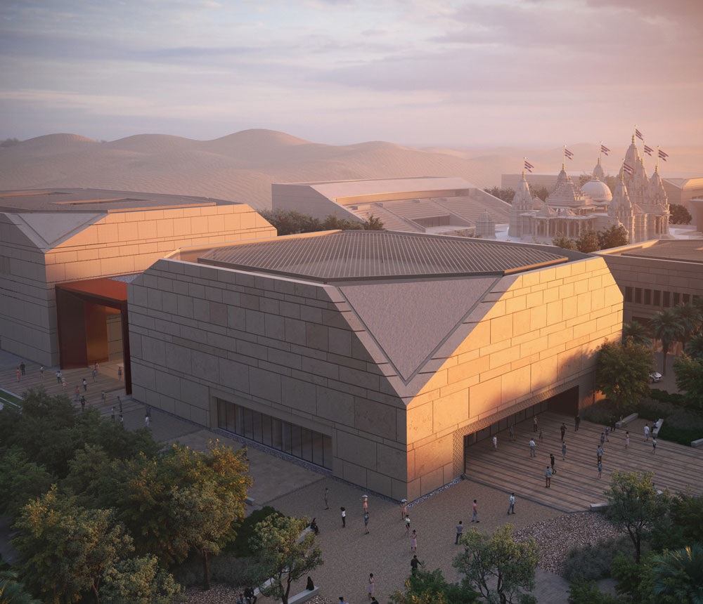 The brutalist architecture of the stone temple called Hindu Mandir in Abu Dhabi. Image: rsp.design.